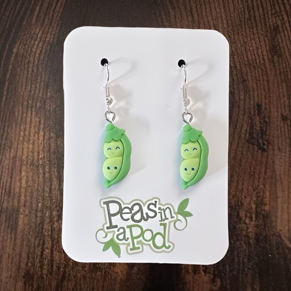 New Handmade "Two Peas in a Pod" Dangle Earrings (1.8" long x 0.4" wide) - Picture 2 of 6